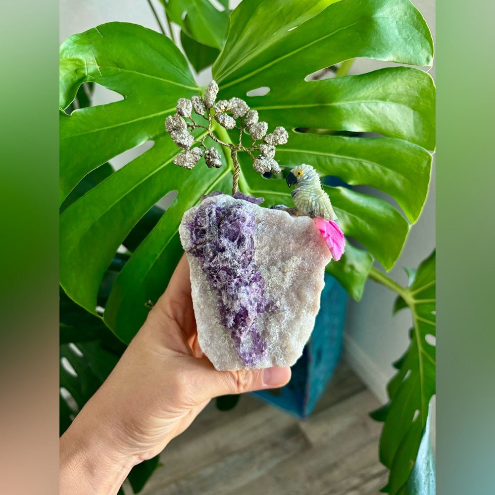 Parrot carving on purple Fluorite with Pyrite Tree || collectible figurine